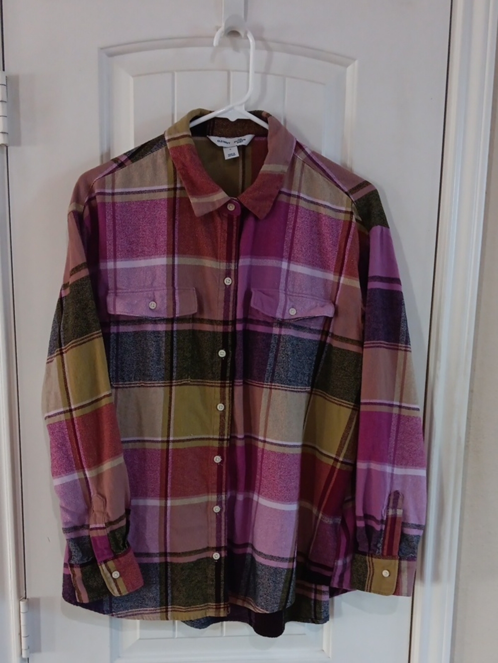 Old Navy The Boyfriend Flannel Plaid Red Raisin Purple Olive L